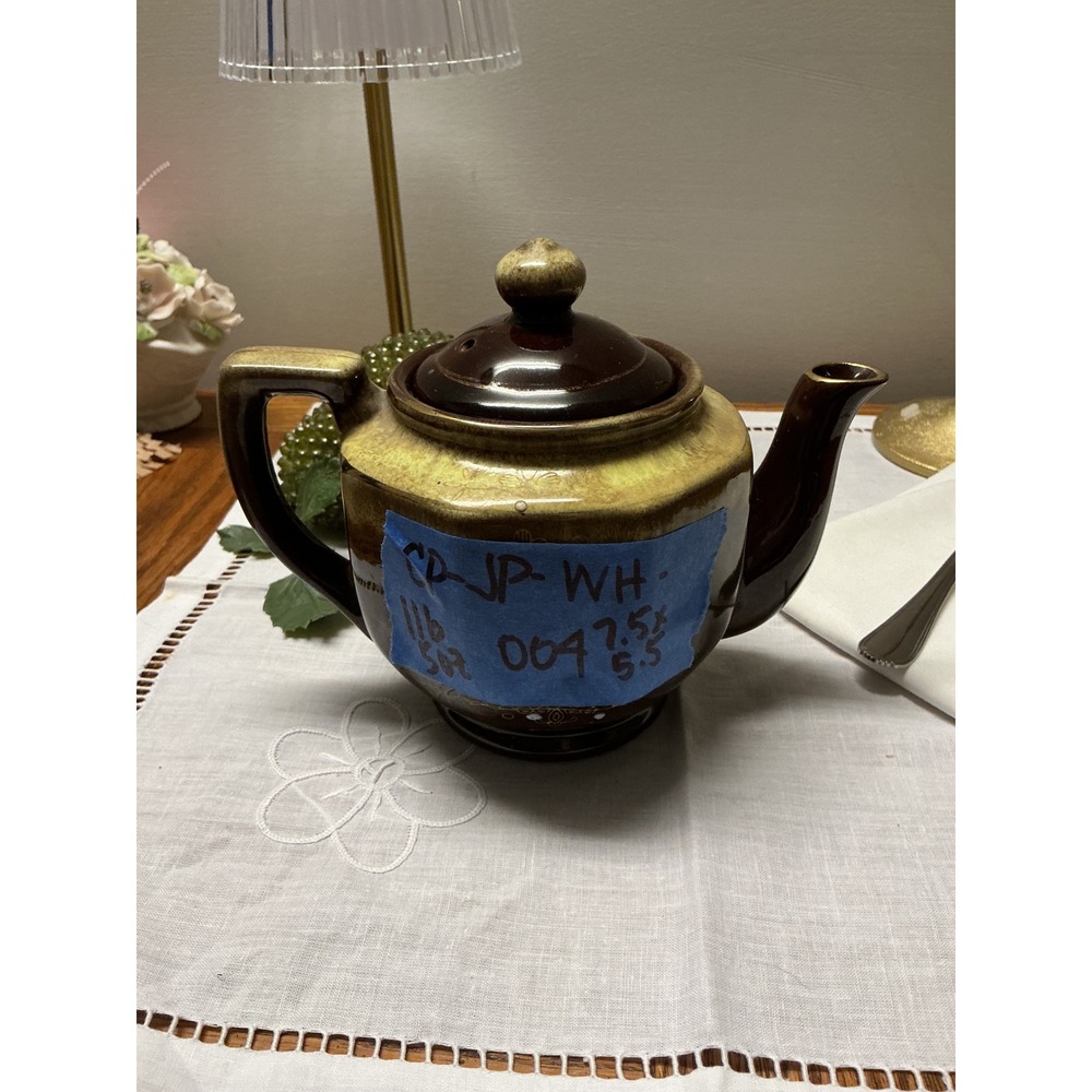Vintage Japanese Ceramic Teapot Brown Drip Glaze Hand Painted Floral Hexagonal - Picture 11 of 11
